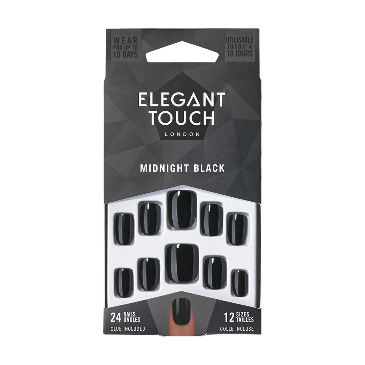 ELEGANT TOUCH CORE COLOR nails with glue squoval #midnight black 24 u