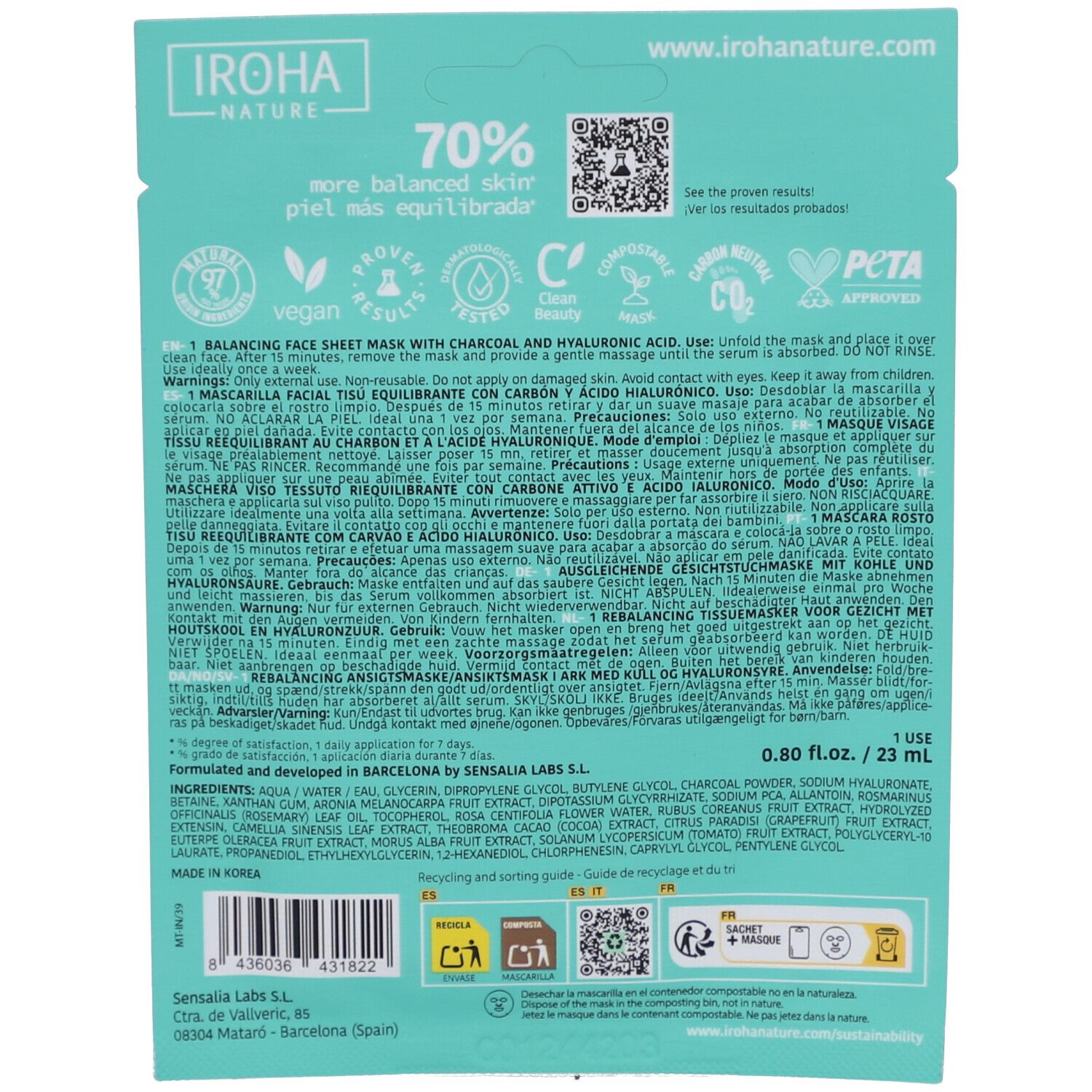 IROHA DETOX CHARCOAL BLACK tissue facial mask 1use 1 u