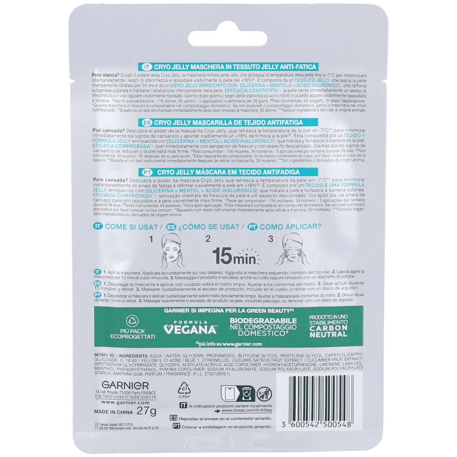 GARNIER SKINACTIVE Hyaluronic Acid CryoJelly Anti-Fatigue Mask for Tired Skin, Ice Effect, 5 g