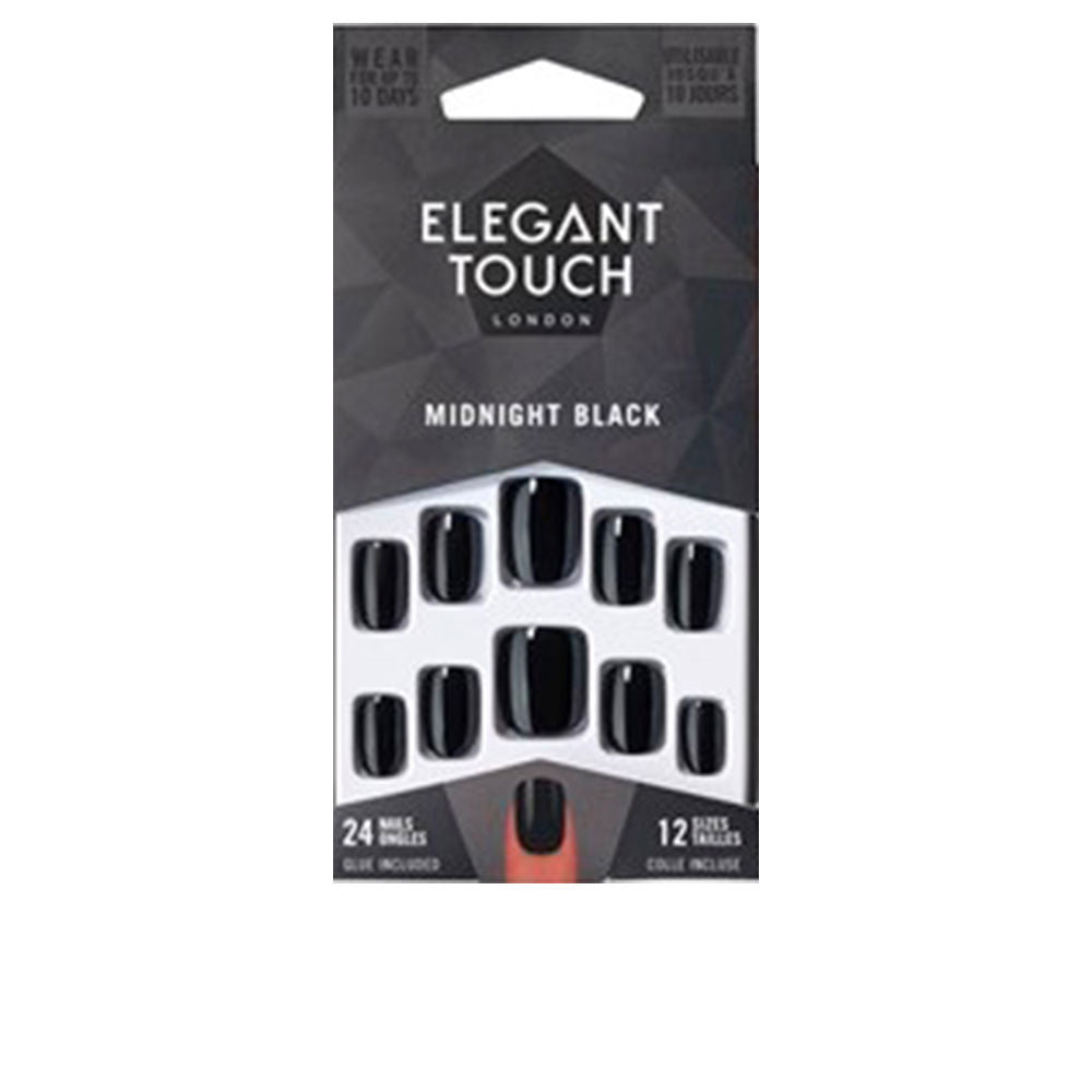 ELEGANT TOUCH CORE COLOR nails with glue squoval #midnight black 24 u