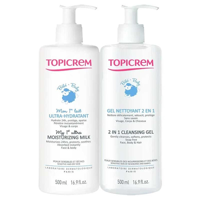 TOPICREM BABY MOISTURIZING MILK 500 ML + CLEANSING GEL 75 ML 2 units