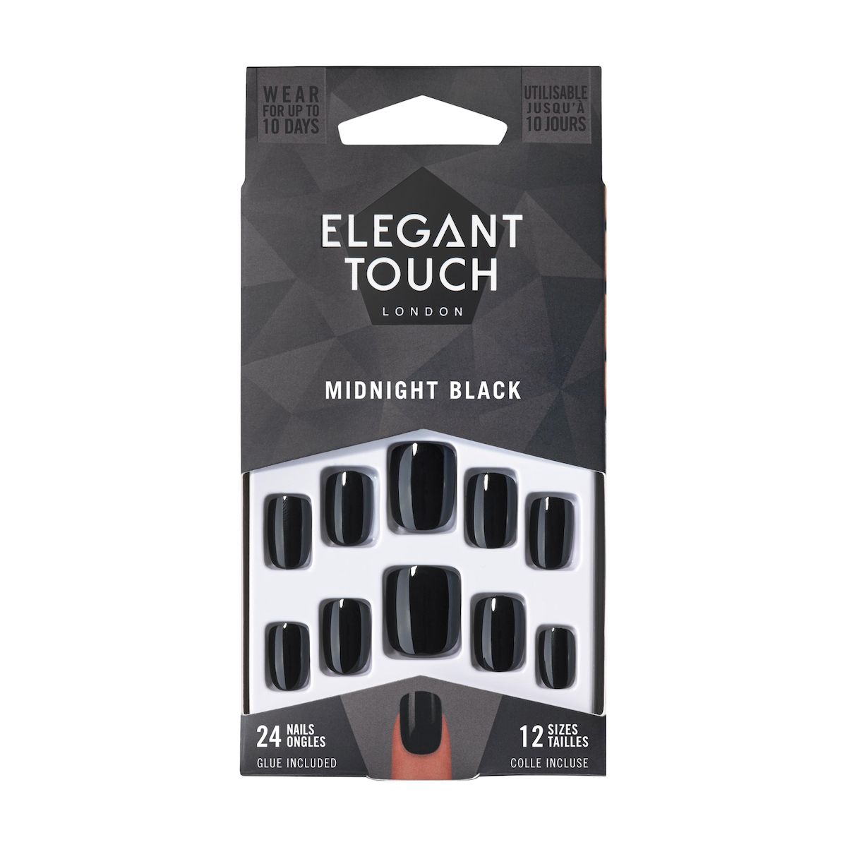ELEGANT TOUCH CORE COLOR nails with glue squoval #midnight black 24 u